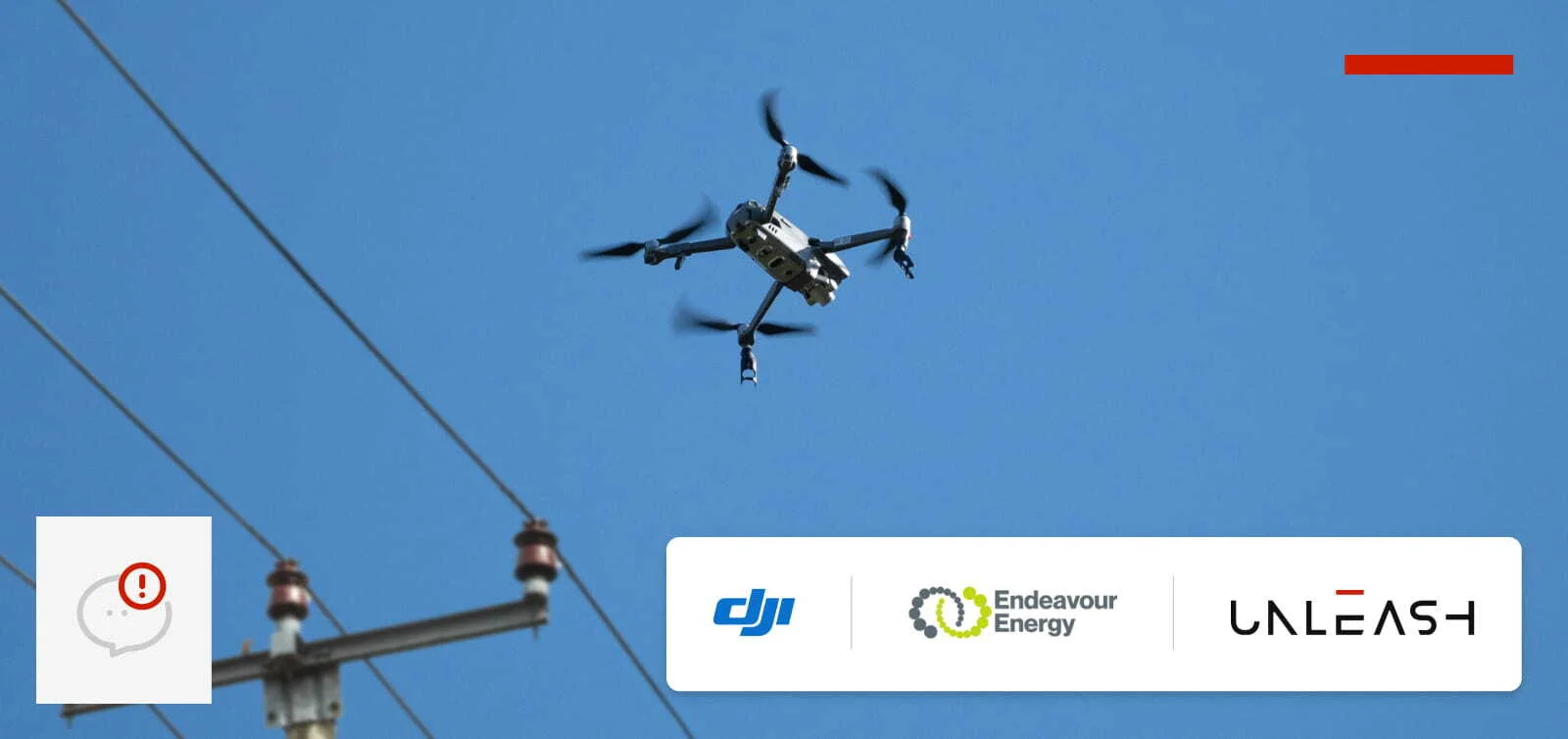 A drone in focus, flying against a clear blue sky, with a slightly blurred power pole and conductor line in the background. The logos of DJI, Endeavour Energy and Unleash live appear on a white background at the bottom-right as an overlay. 