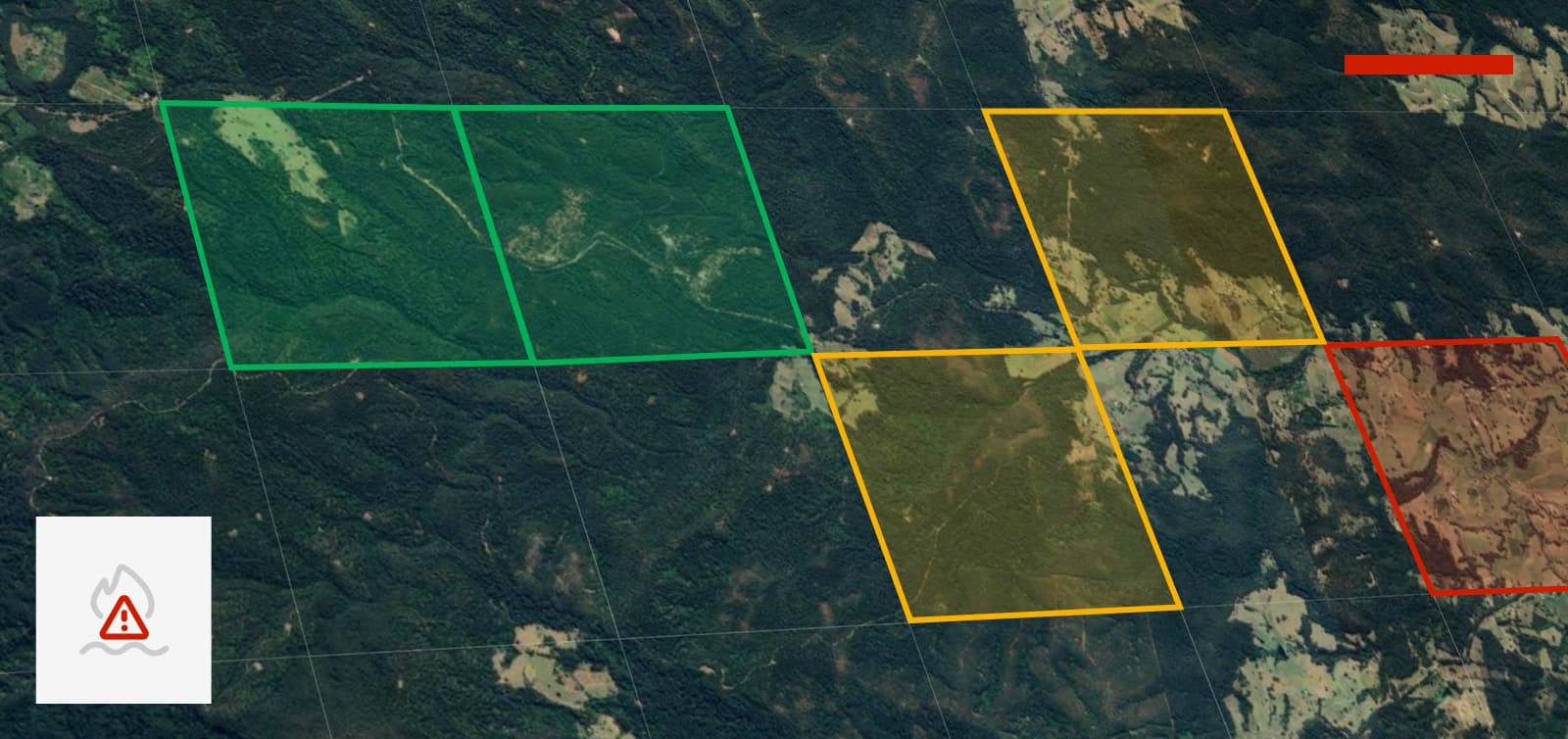 An image of a satellite map with some tiles highlighted with low severity in green, medium severity in yellow and high severity in red. There is an icon indicating Autofly's use for emergency services overlaid at the bottom-left.